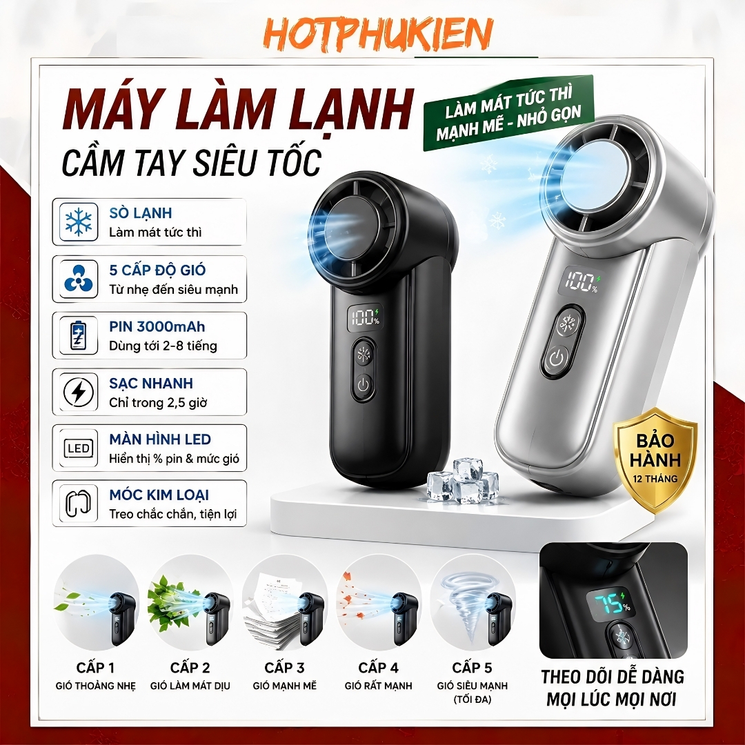 Quạt Cầm Tay Sò Lạnh TurboForce siêu tốc 5 Cấp Độ Gió, Peltier Làm Mát, Pin 3000mAh, Màn Hình LED WIWU FS-018 Pin sạc - Làm mát tức thì – Gió siêu mạnh – Nhỏ gọn tiện mang theo - Hàng nhập khẩu