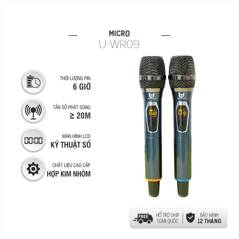 Trọn Bộ Micro Không Dây Việt Star Quốc Tế WR09A & WR09 Bằng Hợp Kim Sơn Tĩnh Điện Chống Trầy, Kết Nối Xa 20m Không Vật Cản - Hàng Chính Hãng