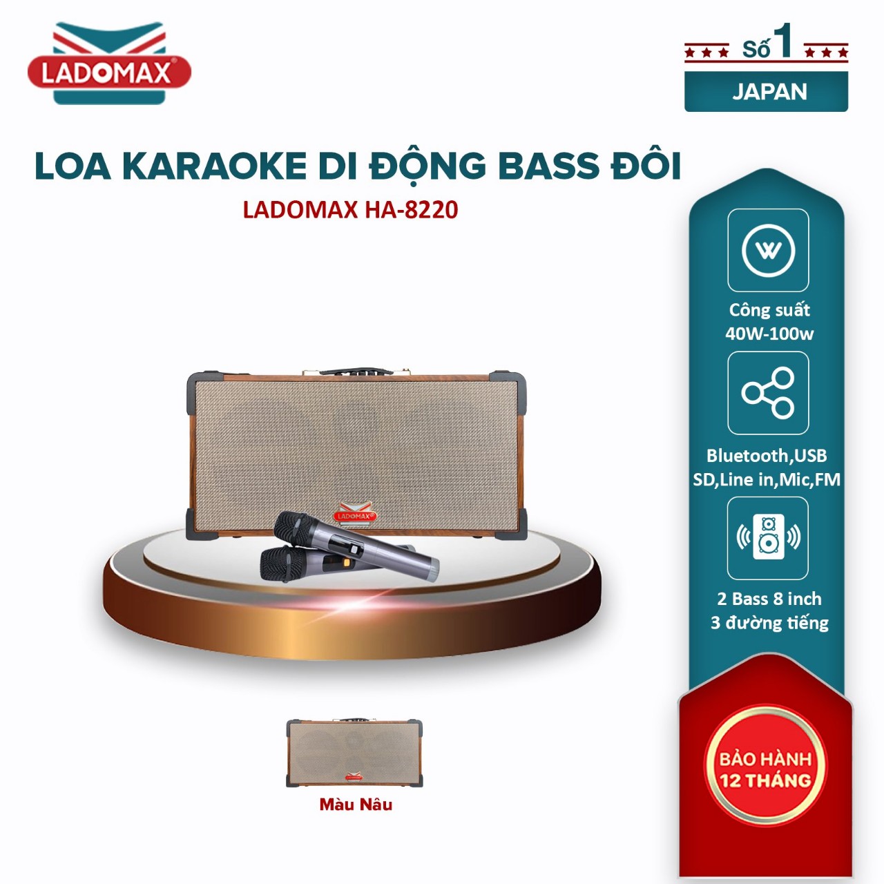 Loa hát Karaoke xách tay Ladomax HA-8220 có chức năng Lọc nhiễu &amp; Chống hú, pin sử dụng 4 - 6 giờ - Hàng chính hãng