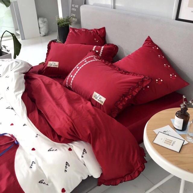 Bộ ga gối lụa tim 6 món hàng đẹp