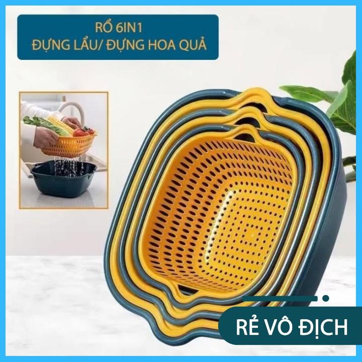 Bộ 6 Món Rổ Kèm Chậu Cao Cấp Đa Năng, Ráo Nước, Rỏ Đựng Đồ 2 Trong 1 Tiện Lợi