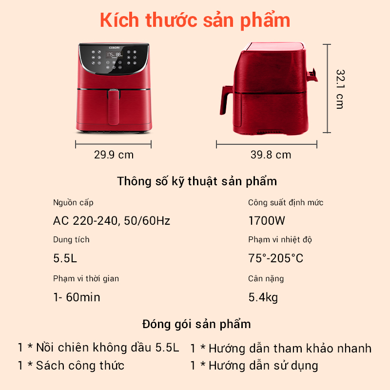 Nồi Chiên Không Dầu 5.5L COSORI CP158-AF Màu Đỏ - Hàng Chính Hãng