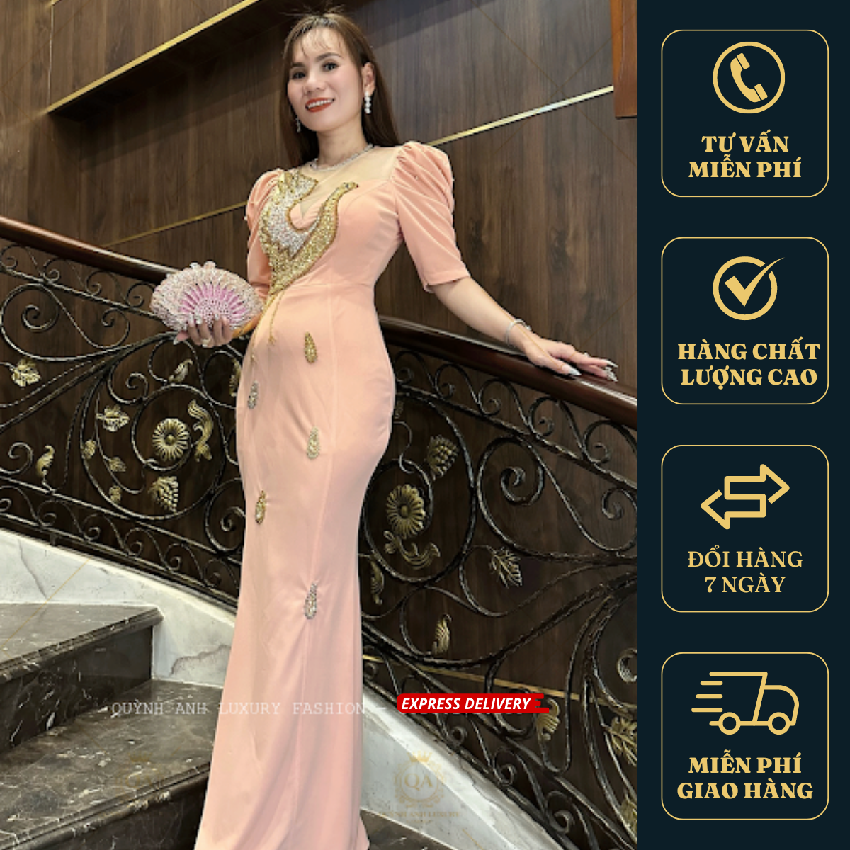 Đầm Dạ Hội Hồng Mẫu Chim Công Pha Lê Sang Trọng Cao Cấp Amity Dress