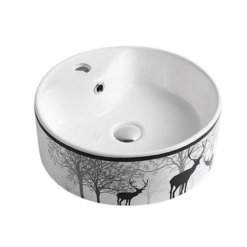 Chậu rửa mặt lavabo AQ227, có họa tiết xung quanh, Hình tròn, sâu, màu trắng