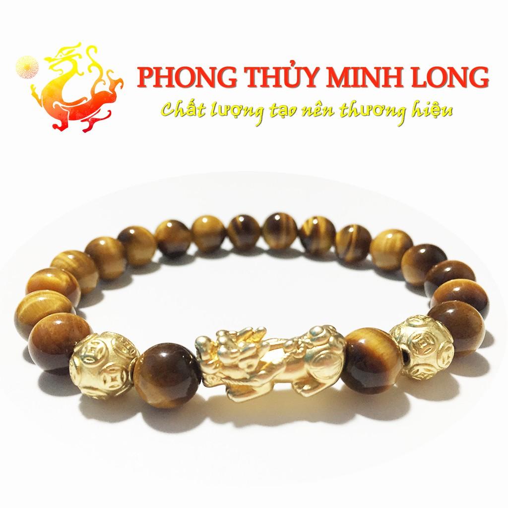 Vòng tay đá mắt hổ Vàng Nâu 5A mix Tỳ Hưu và 2 hạt kim tiền vàng hợp mệnh Kim và Thổ