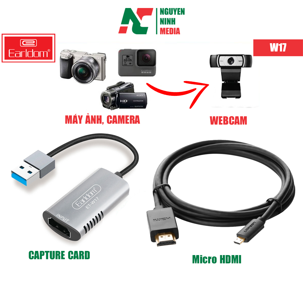 Bộ Thiết Bị Biến Máy Ảnh Thành Webcam Chất Lượng Cao Earldom W17 + Micro HDMI 2M - Hàng Chính Hãng