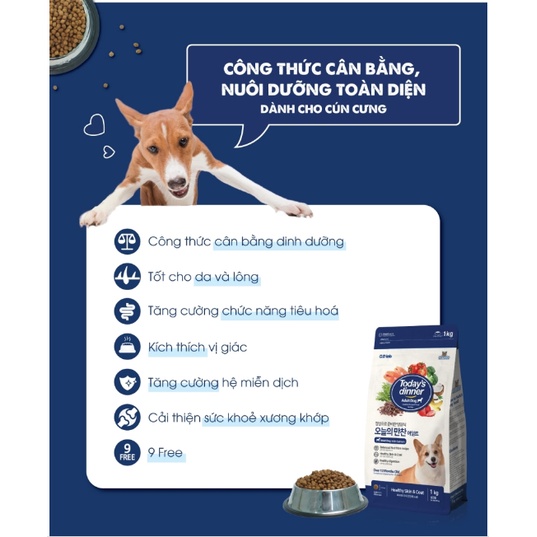 Thức ăn hạt cho Chó Today's dinner Adult Dog Gói 1kg Giúp da lông bóng mượt, tốt cho tiêu hóa, Xuất xứ Hàn quốc