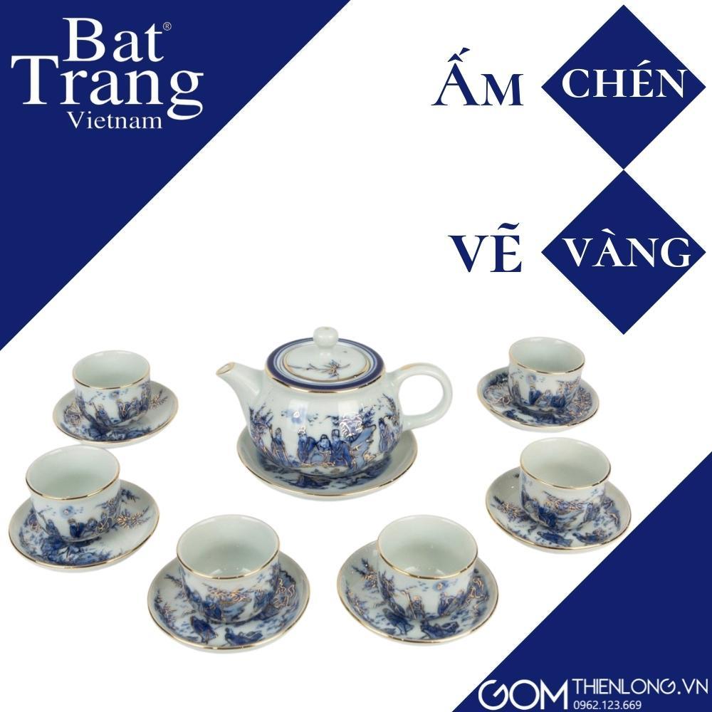 Ấm Chén Vẽ Vàng Trúc Lâm Thất Hiền - Bộ Ấm Chén Bát Tràng Cao Cấp - Gốm Thiên Long