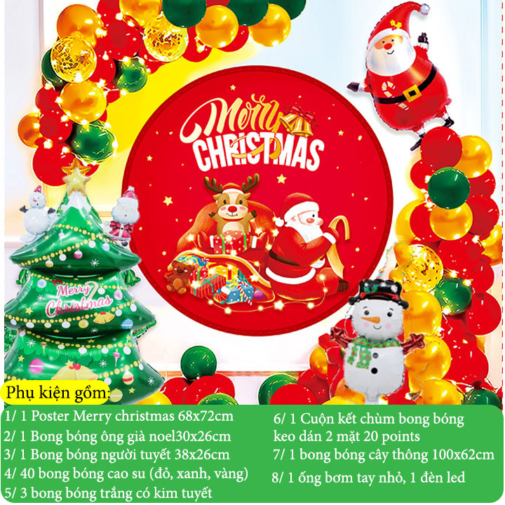 Bong bóng trang trí noel giáng sinh Merry christmas và ông già noel có đèn led - Tấm poster trang trí dịp giáng sinh noel