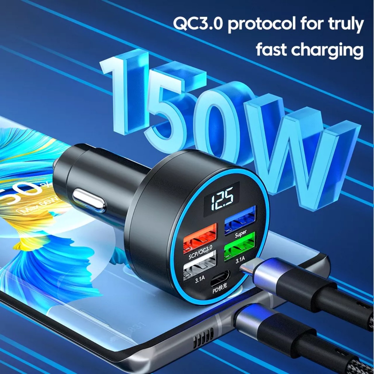 Tẩu Sạc nhanh điện thoại trên ô tô QC3.0+PD có báo vôn 12V-24v 150W Thông Minh Tự Điều Chỉnh Dòng Sạc