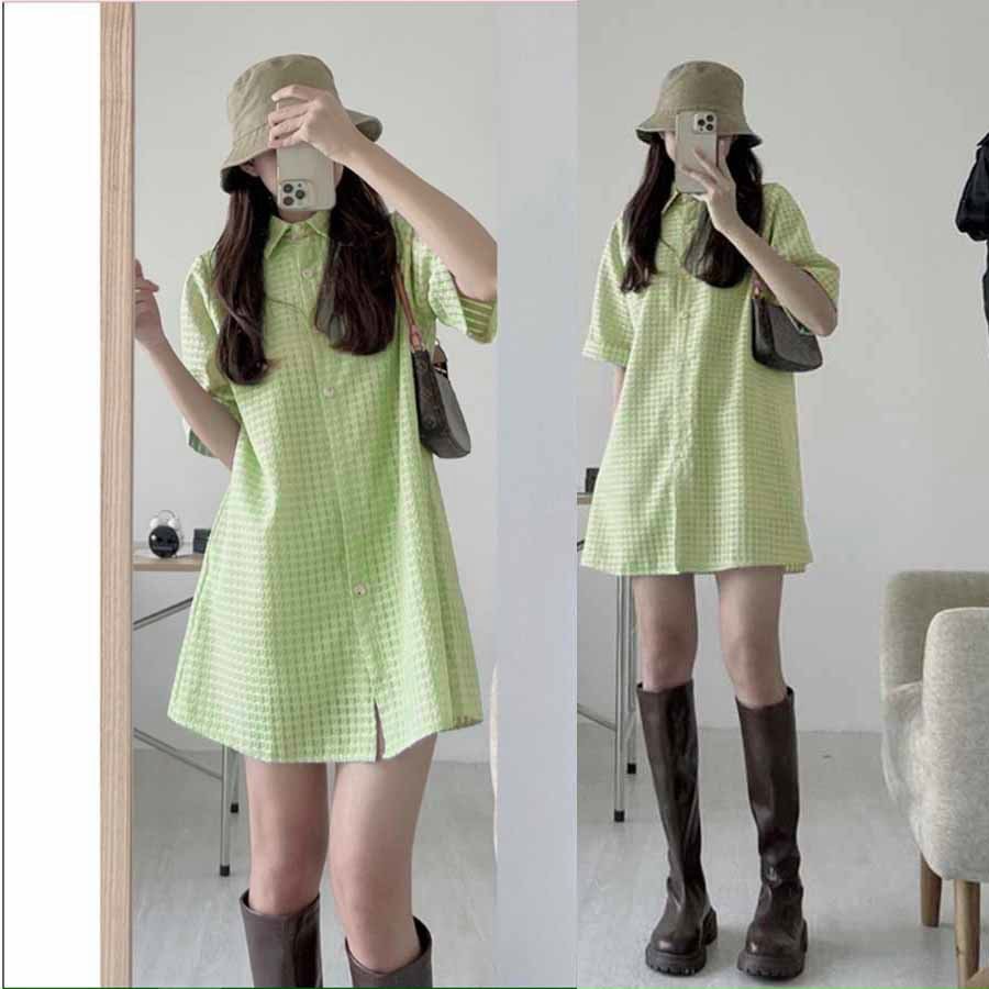 Váy sơ mi kẻ xốp dáng ngắn tay lỡ form rộng kèm lót váy 2 dây, Đầm sơ mi dáng suông tay ngắn họa tiết đan thừng