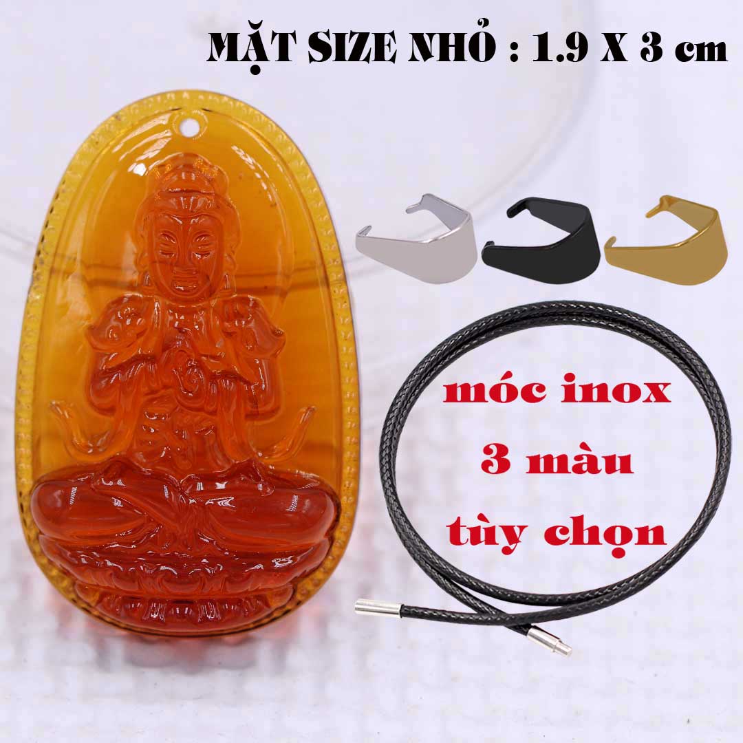 Mặt Phật Đại nhật như lai pha lê cam 1.9cm x 3cm kèm vòng cổ dây cao su đen + móc inox vàng, Phật bản mệnh, mặt dây chuyền