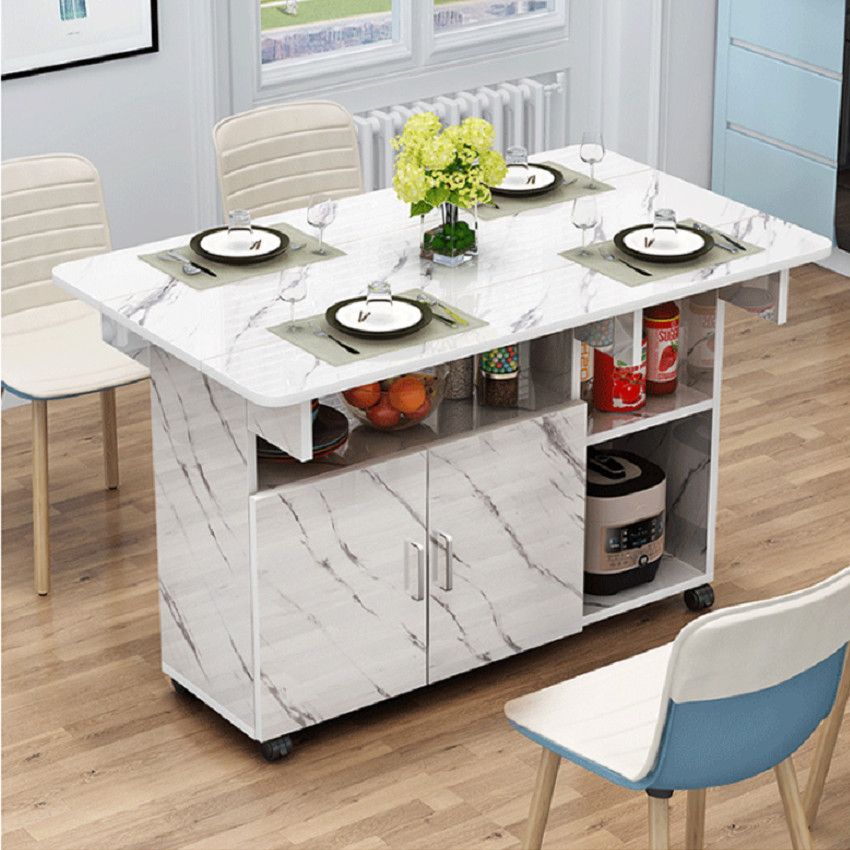 Bàn ăn gấp gọn có bánh xe, tủ đựng gia vị, bát đĩa.Kích thước sử dụng 120*70*77, kích thước gấp gọn 120*30*77