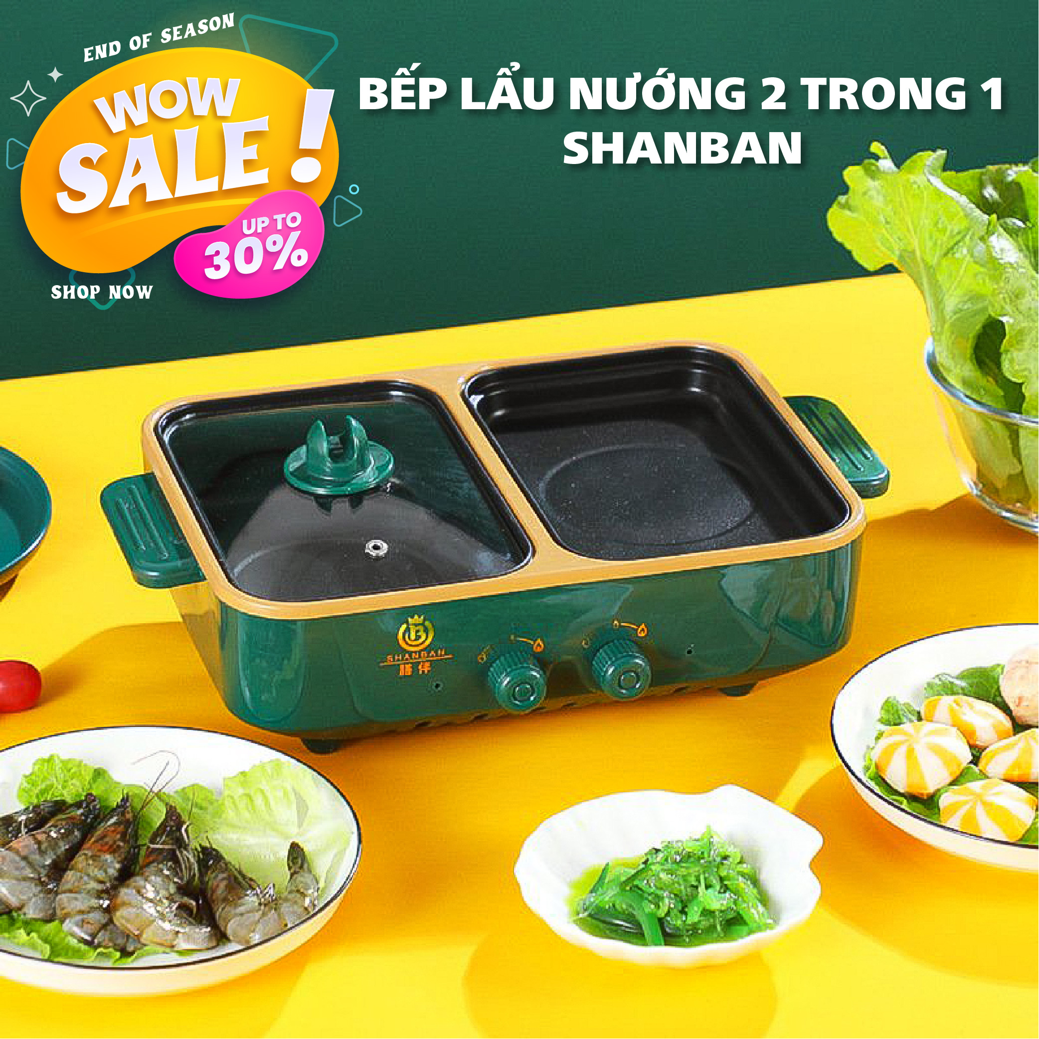 Bếp Lẩu, Nướng Mini 2 Ngăn SHABAN Cao Cấp 2 In 1 - Siêu Chống Dính, Đa Năng, Tiện Lợi