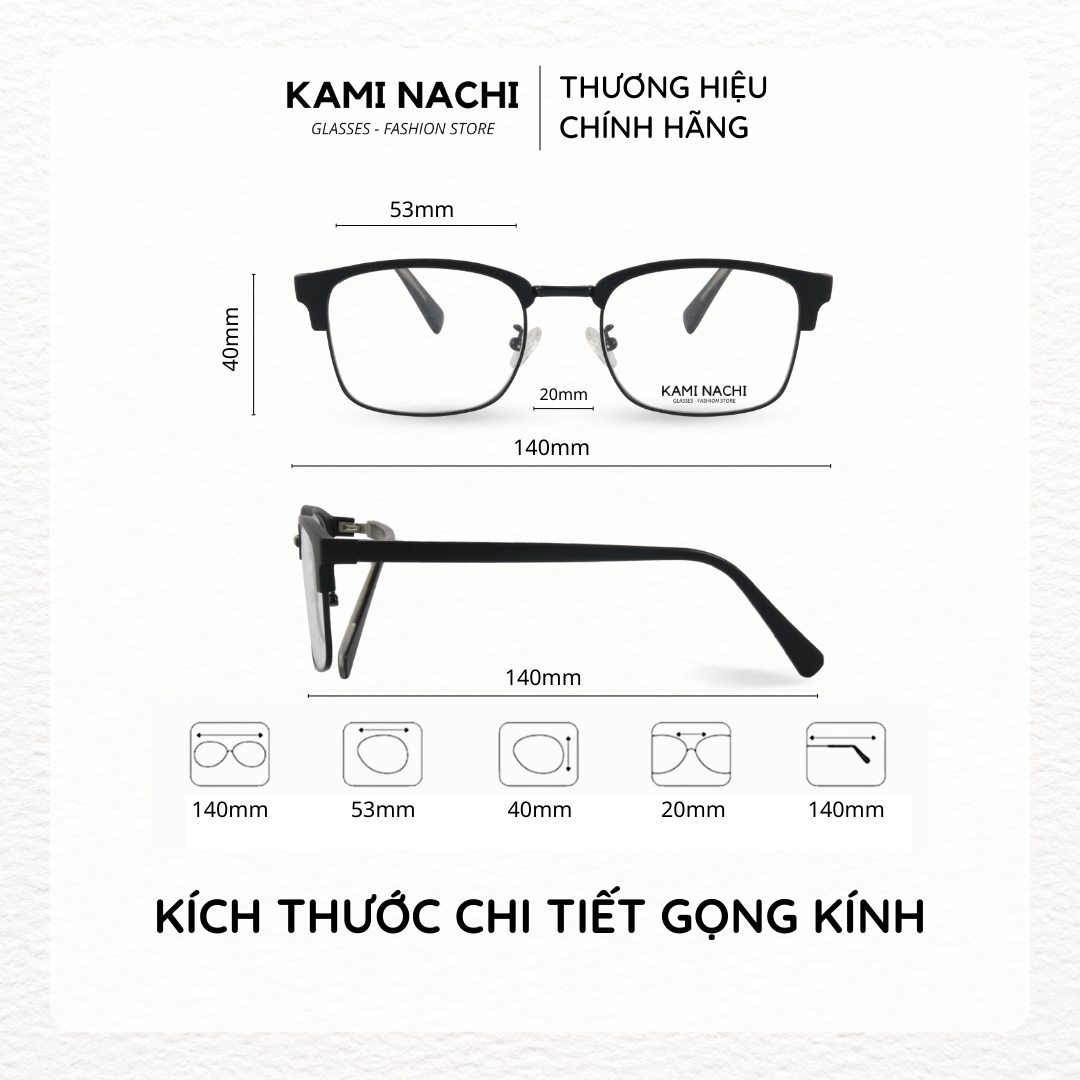 Gọng kính Clip On phiên bản Retro vuông lớn đa năng, cắt được cận KAMI NACHI T18021