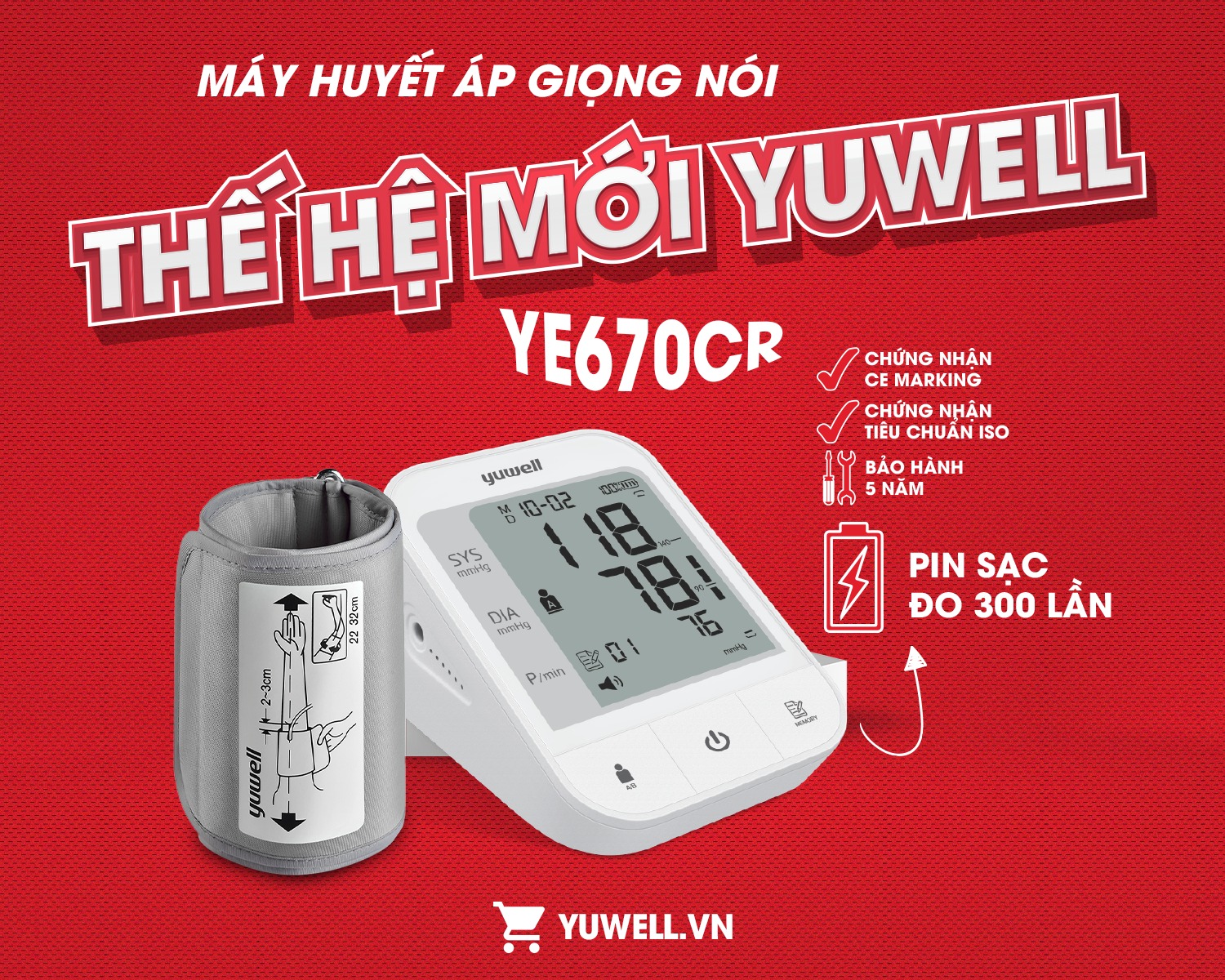 Máy Đo Huyết Áp Pin Sạc Yuwell YE670CR - Nhập khẩu chính hãng