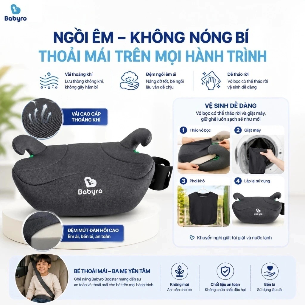 Ghế ngồi ô tô cho trẻ em Babyro Booster (Không isofix), 6-12 tuổi, ghế nâng chuẩn an toàn ECE R129 (i-Size) - Hàng chính hãng