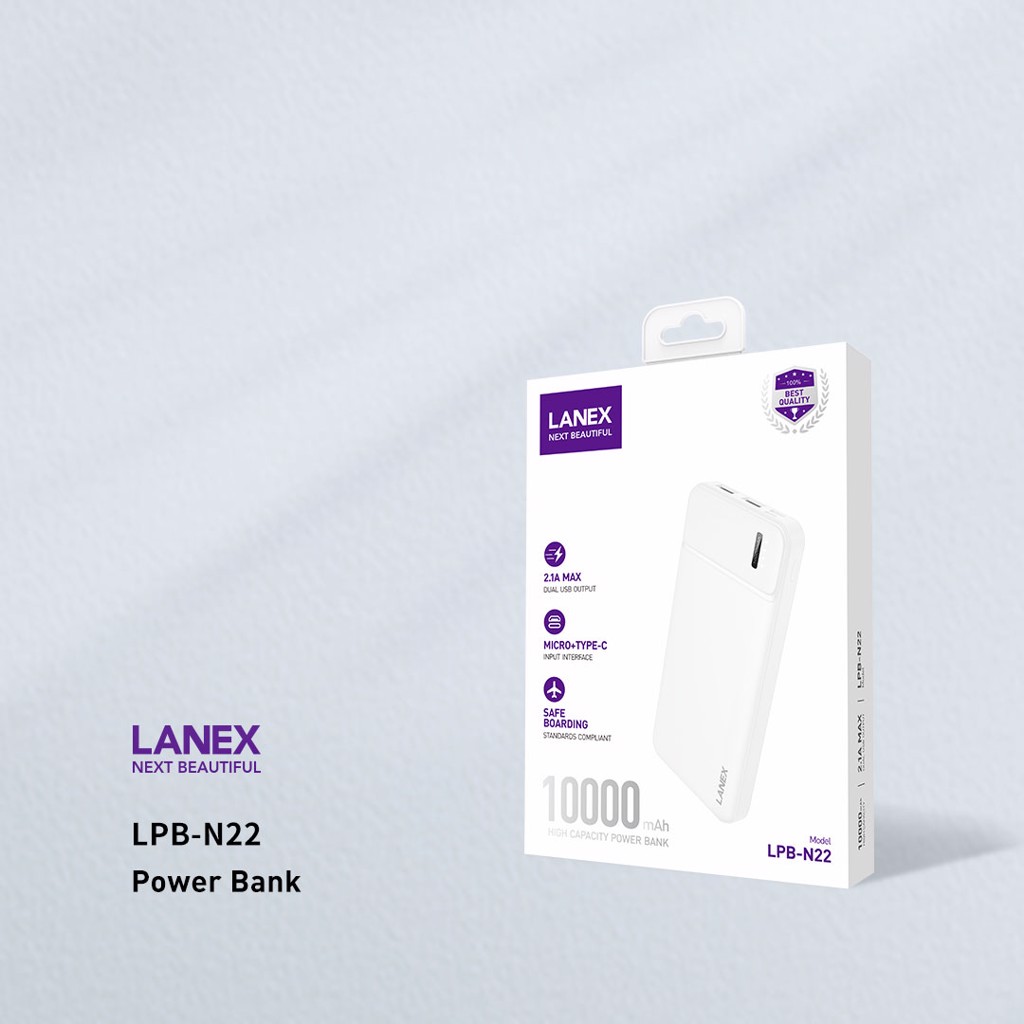 Pin Sạc Dự Phòng 2 Cổng USB 2.1A Dung Lượng 10000 MAH Lanex LBP - N22 Có Đèn Led - Hàng Chính Hãng