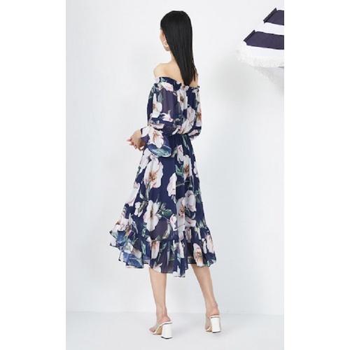 Đầm Nữ Trễ Vai Xếp Li In Hình Cổ Điển Siêu xinh