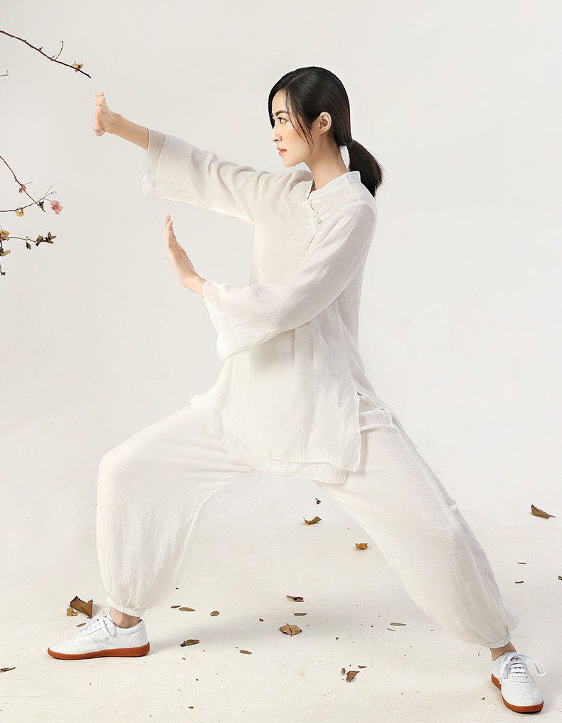 Đồ lam đi chùa, đồ thiền, yoga cao cấp - Bộ nữ cổ tàu ống bo màu trắng. Thiền Chay