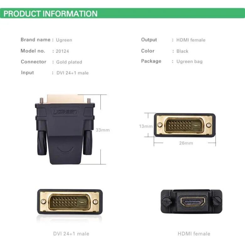 Ugreen UG2012420124TK Màu Đen Đầu chuyển đổi DVI 24 + 1 sang HDMI âm - HÀNG CHÍNH HÃNG