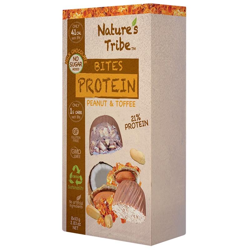 Socola giàu đạm đậu phộng &amp; toffee không thêm đường Nature's Tribe - Protein milk chocolate peanut &amp; toffee bites