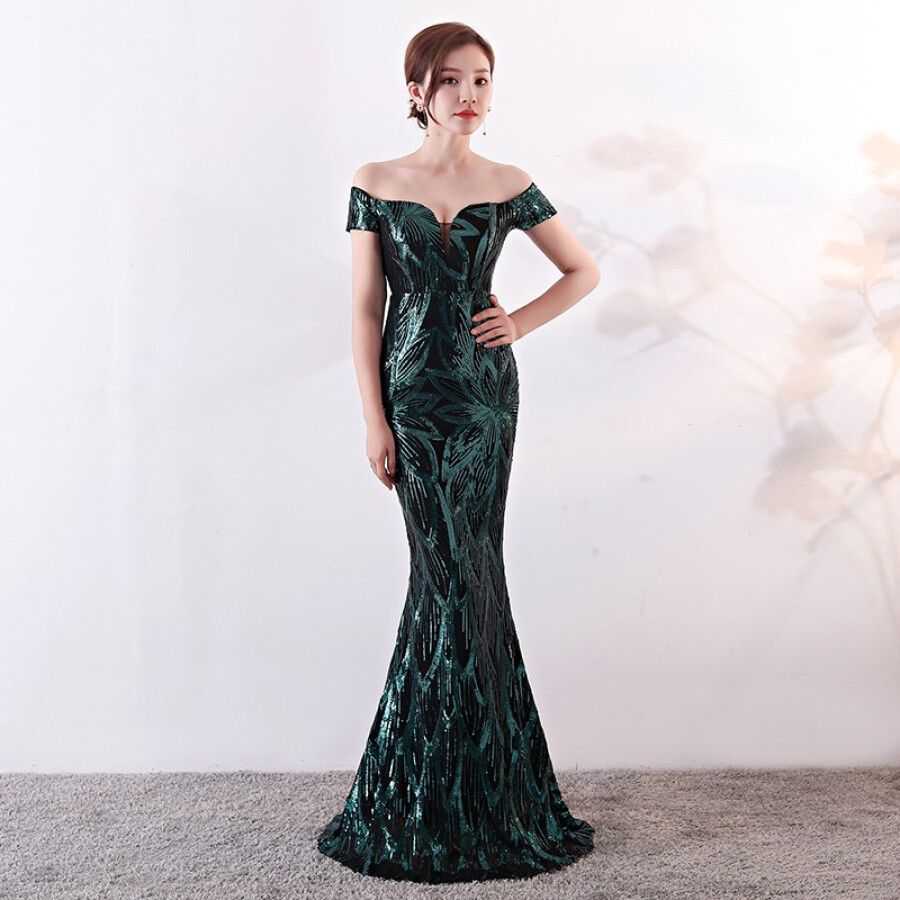 Đầm dạ hội dài váy đuôi cá cổ V phối ren hoa quyến rũ DDH24