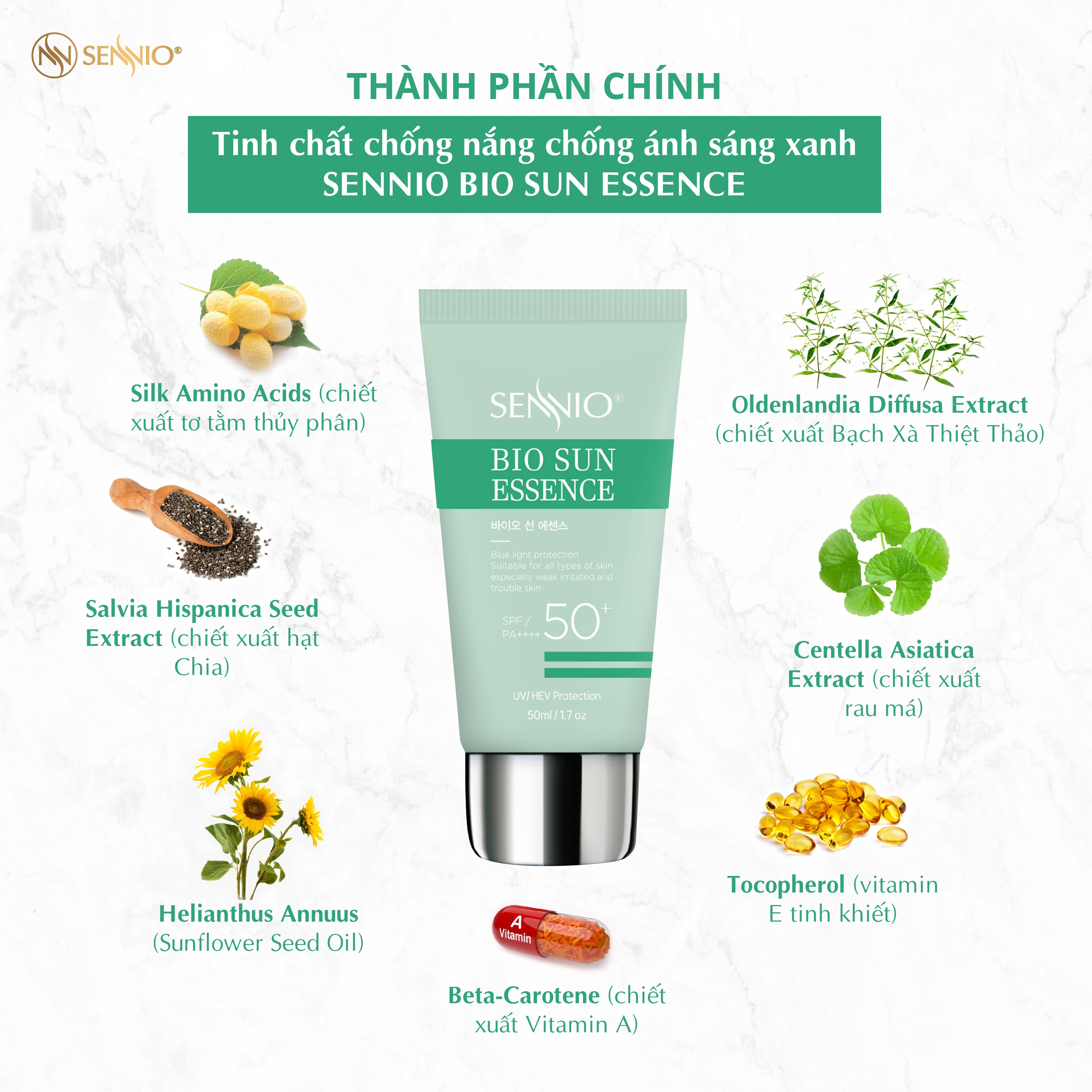 Tinh chất chống nắng, chống ánh sáng xanh Sennio Bio Sun Essence SPF50 PA+++