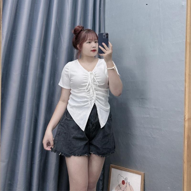 Áo thun croptop bigsize nữ tà nhọn cổ rút dây ở giữa tôn vòng một, Áo phông phom rộng chất gân tăm BIGSIZE CÔ NHỎ - G42