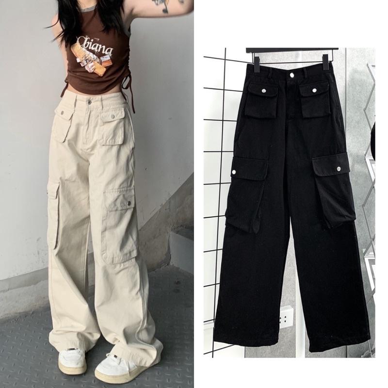 Quần kaki Cargo dài suông ống rộng túi hộp màu trơn form nam nữ unisex Quần baggy kaki style Ulzzang