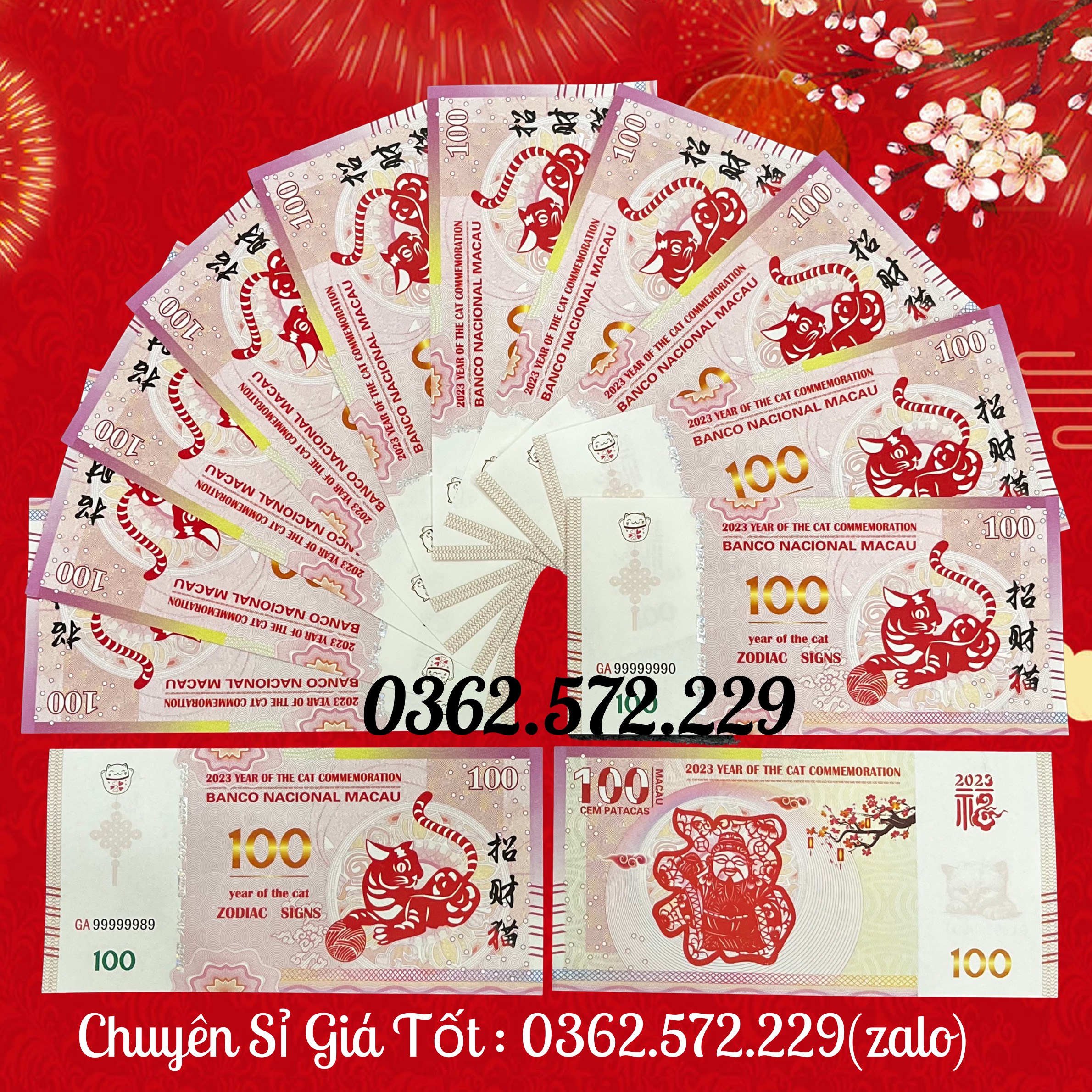 Combo 15 Tờ Tiền Lì Xì Tết May Mắn Hình con Mèo Macao lưu niệm năm 2023 mệnh giá 100 Patacas Macau