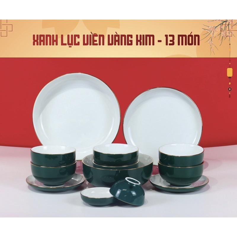 Set bát đĩa 12- 35 món, men xanh lục (cổ vịt), viền vẽ vàng kim, lòng trắng ngọc. Gốm sứ Bát Tràng cao cấp