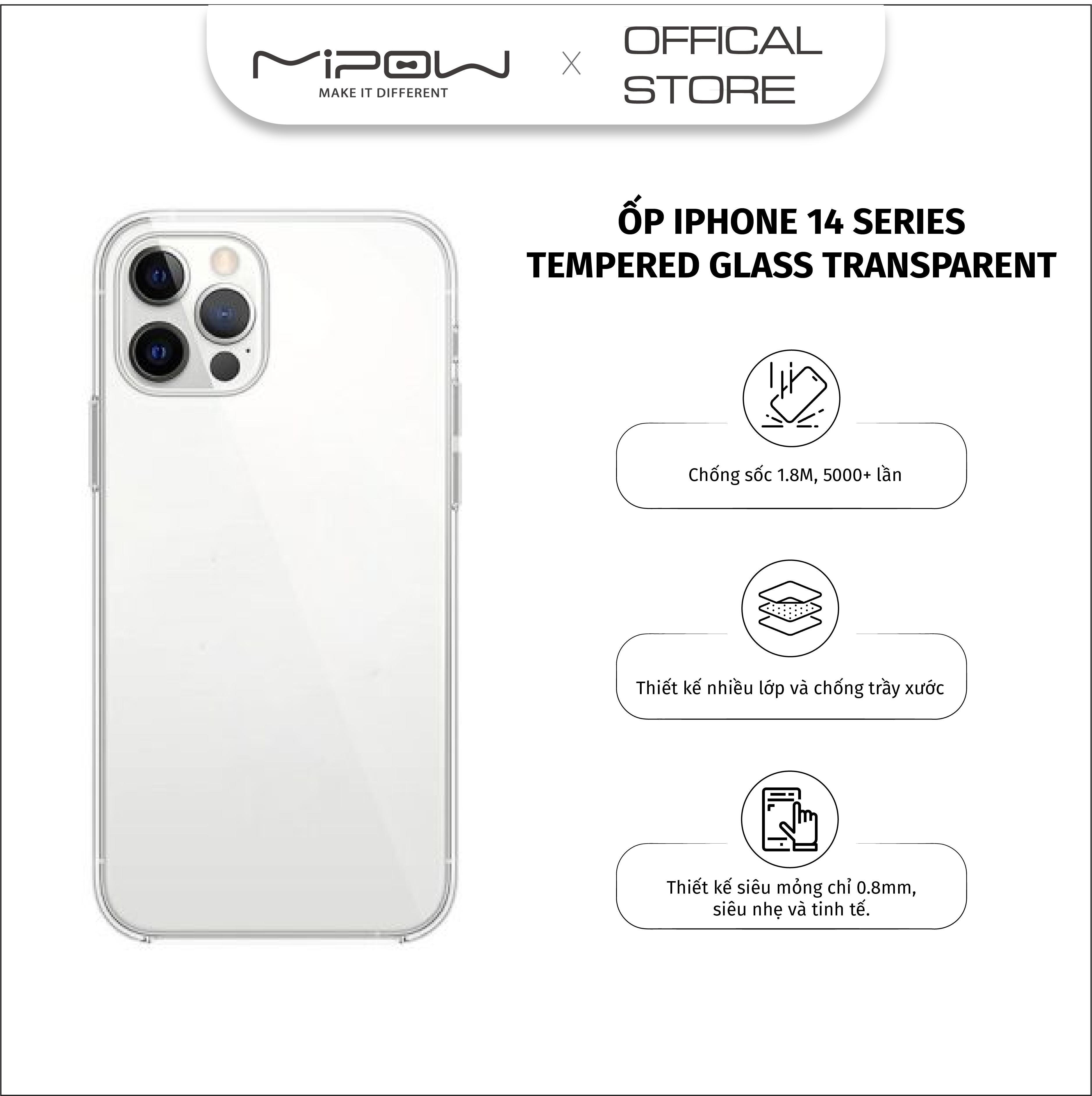 Ốp lưng Mipow Tempered Glass Transparent cho iPhone 14/14+/14 Pro/14 Pro Max - Thiết kế trong suốt, chống sốc, chống ố vàng - Hàng chính hãng