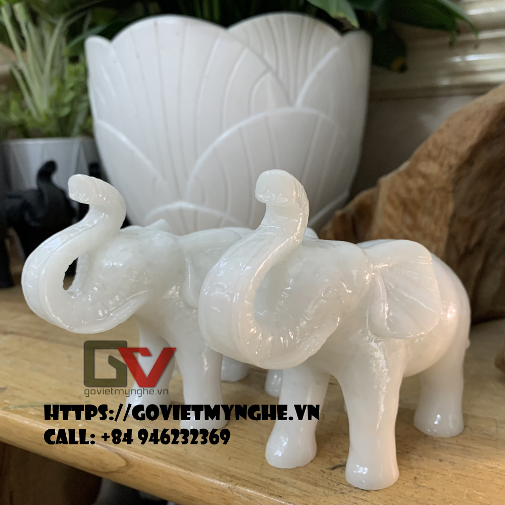 [Tượng con voi] Cặp 2 Tượng voi đá phong thủy trang trí nhà cửa dáng voi vòi hướng lên - Dài 11cm - Trắng đá non nước