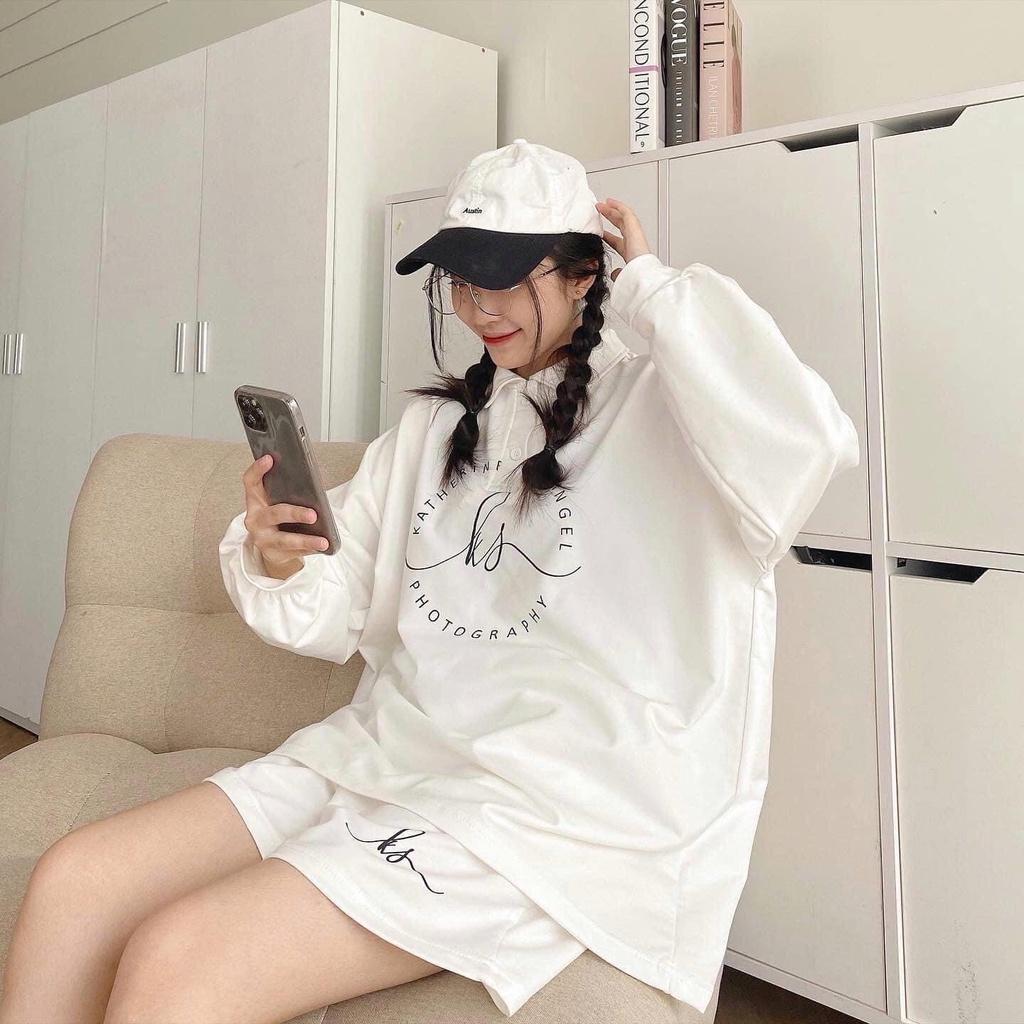 Set đồ nam nữ form rộng unisex-áo polo dài tay cúc cài kèm quần short đùi logo chất thun tăm