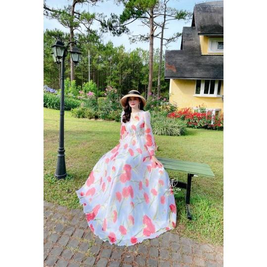 Đầm trắng hoa đỏ tay dài siêu xinh siêu phồng xoè