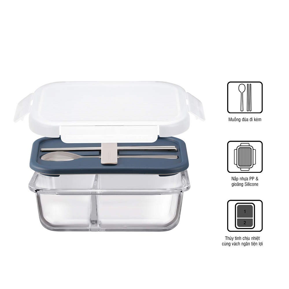 Hộp cơm thủy tinh Lock&amp;Lock chia ngăn kèm muỗng đũa 930ml màu xanh navy LLG991CLNVY - Hàng chính hãng, dùng được lò vi sóng - JoyMall