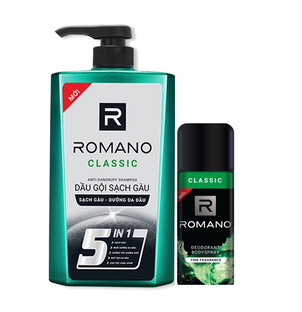 Combo Dầu gội sạch gàu cho nam Romano Classic 650gr & xịt khử mùi toàn thân Classic 150ml