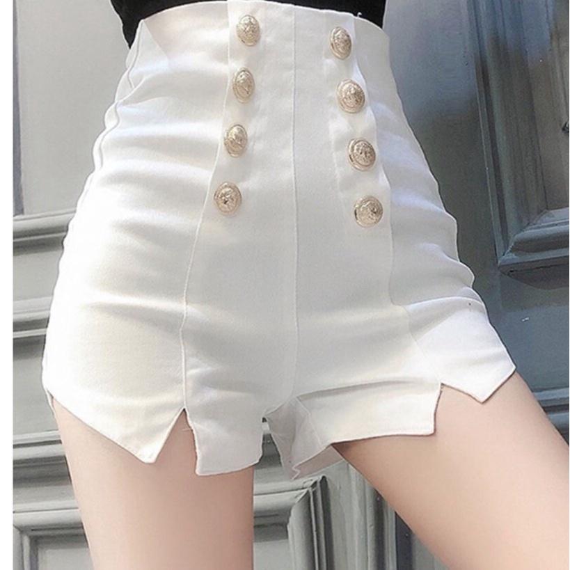 [L2M] Quần short nữ lưng cao tôn dáng PHỐI 8 NÚT xẻ đùi chất kaki co giãn thoáng mát - Đen