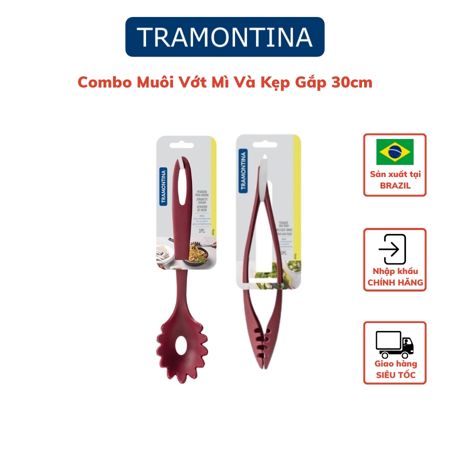 Combo 2 Dụng Cụ Nấu Ăn Gồm 1 Muôi Vớt Mì 30cm và 1 Kẹp Gắp Đa Năng 30cm TRAMONTINA Chất Liệu Nhựa Chịu Nhiệt An Toàn Sản Xuất Tại BRAZIL - Hàng Chính Hãng