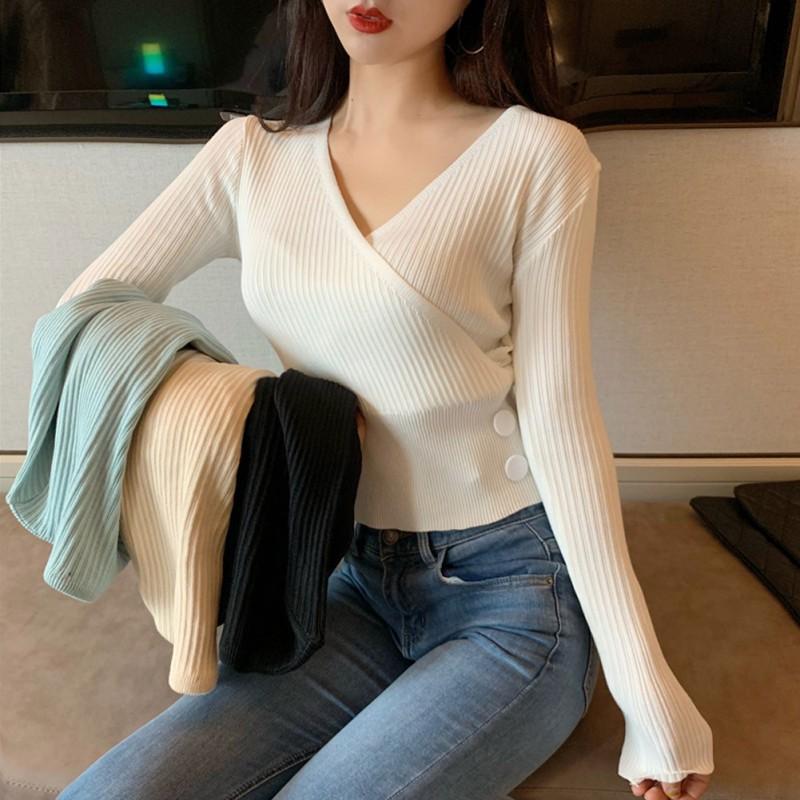 Áo Dệt Kim Nữ Tay Dài Cổ Chữ V Màu Trơn