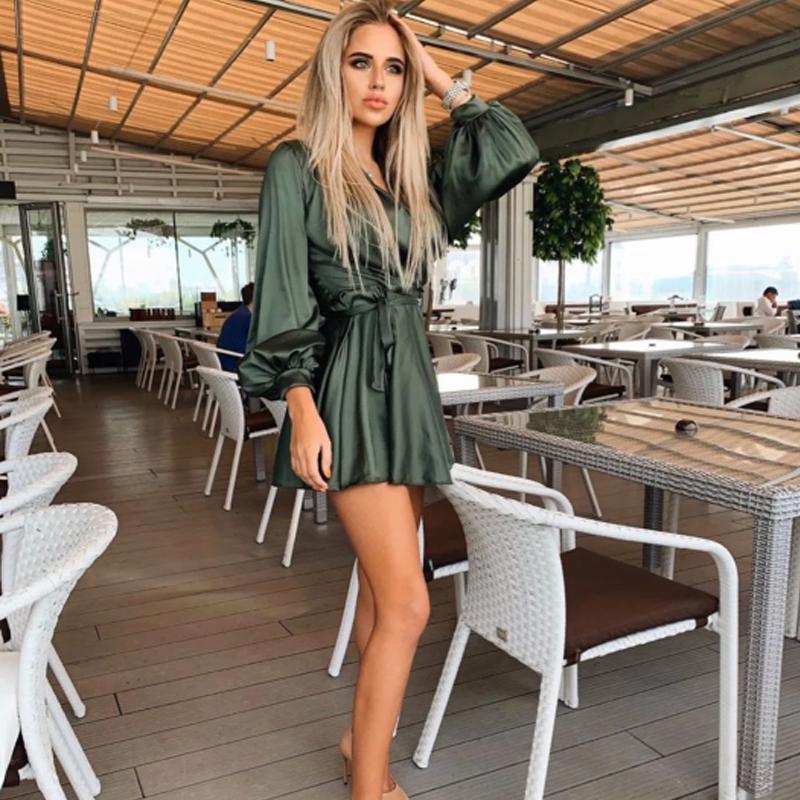 2020 MÙA HÈ THU satin Casual Nữ Nữ Cổ Chữ V Thắt Lưng vintage Thanh Lịch Đầm Dự Tiệc Tay Phồng Chữ A Mini