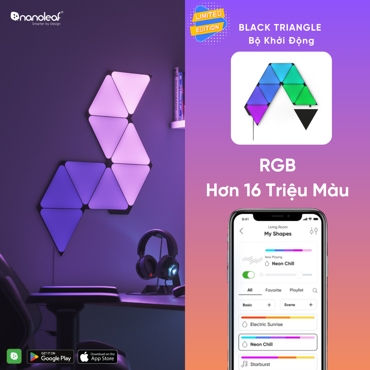 [LIMITED] Đèn LED RGB lắp ghép thông minh Nanoleaf Shapes Ultra Black Tam Giác 9 ô đèn (Bộ khởi động)