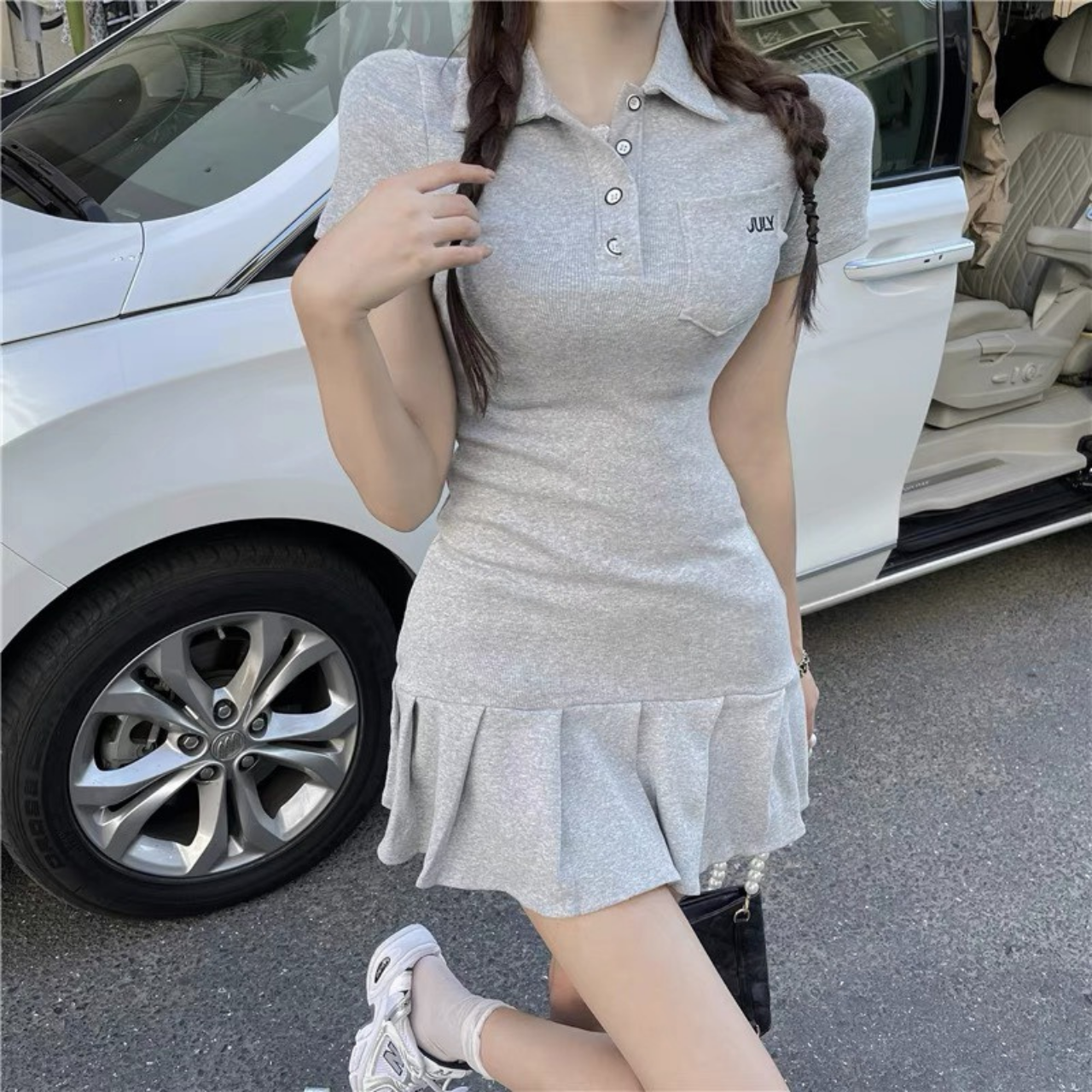 Đầm Body Cổ Polo Xếp Li Ngắn Tay Phối Túi Phong Cách Hàn Quốc