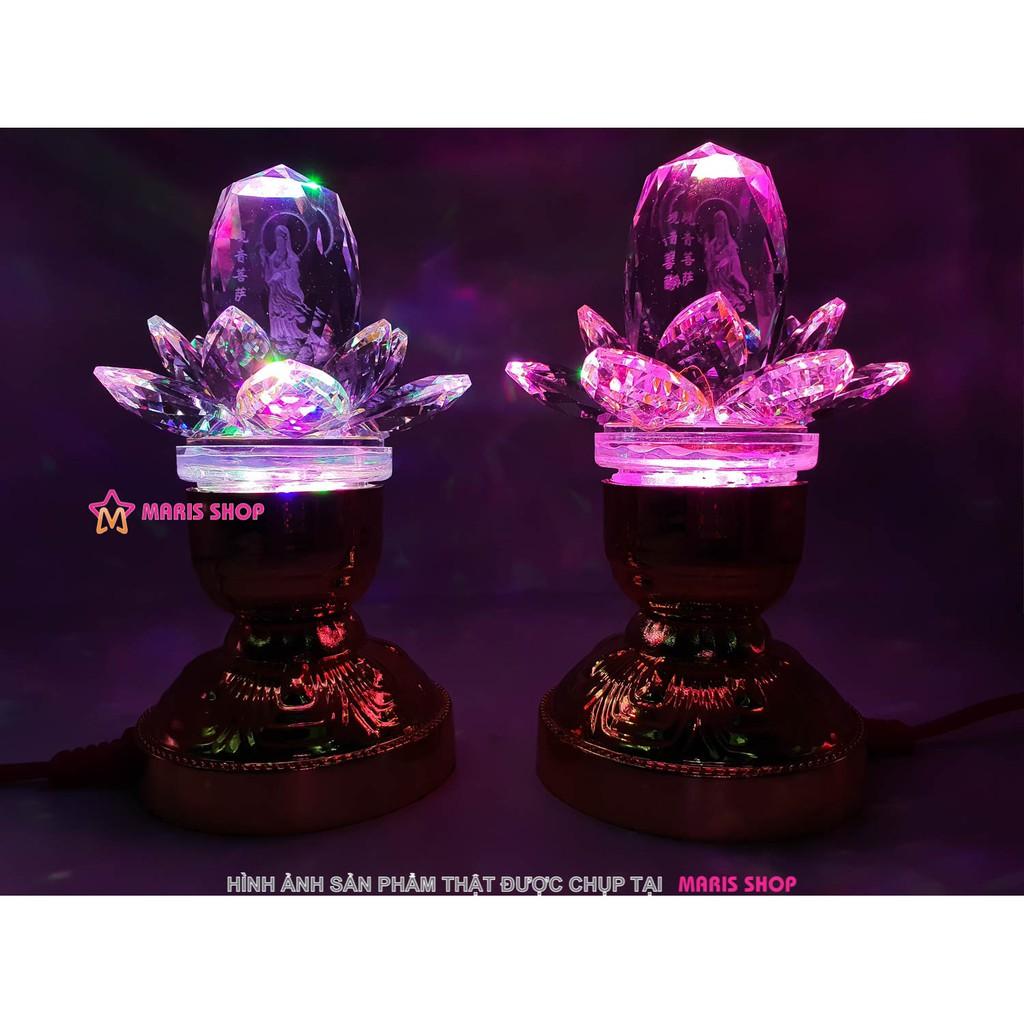 Đèn Thờ Hoa Sen Pha Lê Hình Phật Quan Âm Nguyên Khối Cao 15cm LED Đổi Màu Tự Động Để Bàn Thờ [MRHT20