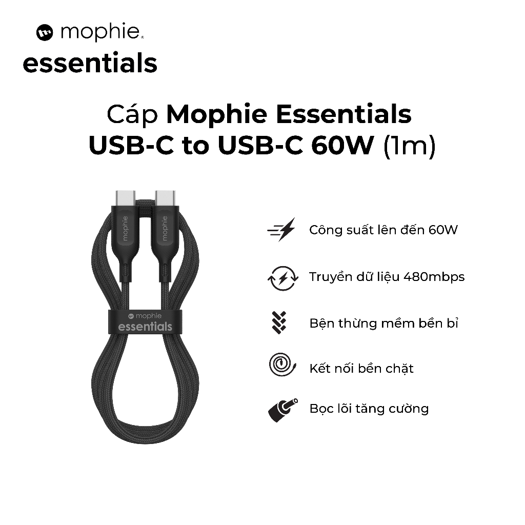 Cáp Mophie Essentials USB-C to USB-C 60W 1M/2M - Hàng chính hãng