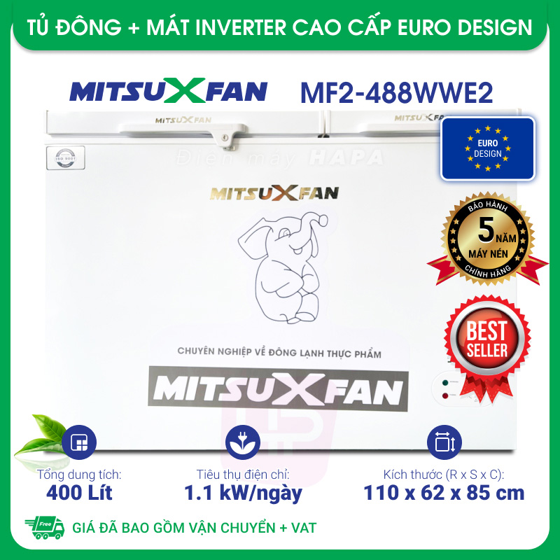 Tủ Đông+Mát MITSUXFAN MITSUXFAN MF2-400WWE2 Inverter 450 Lít, 02 Ngăn Cao Cấp, Tiêu Chuẩn Châu Âu - Hàng Chính Hãng