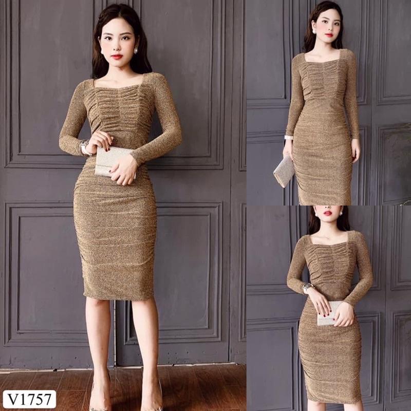 Đầm body nhũ cổ vuông nhún eo sang chảnh