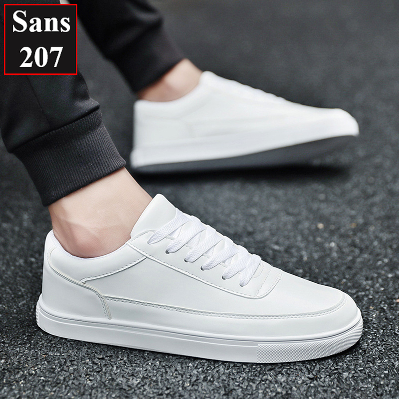 Giày thể thao nam full trắng đen Sans207 sneakers basic đơn giản buộc dây sport đế bằng thời trang trẻ trung cá tính