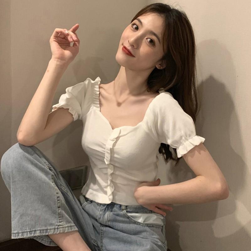 Áo dệt kim tay ngắn màu trơn cổ chữ V dành cho nữ